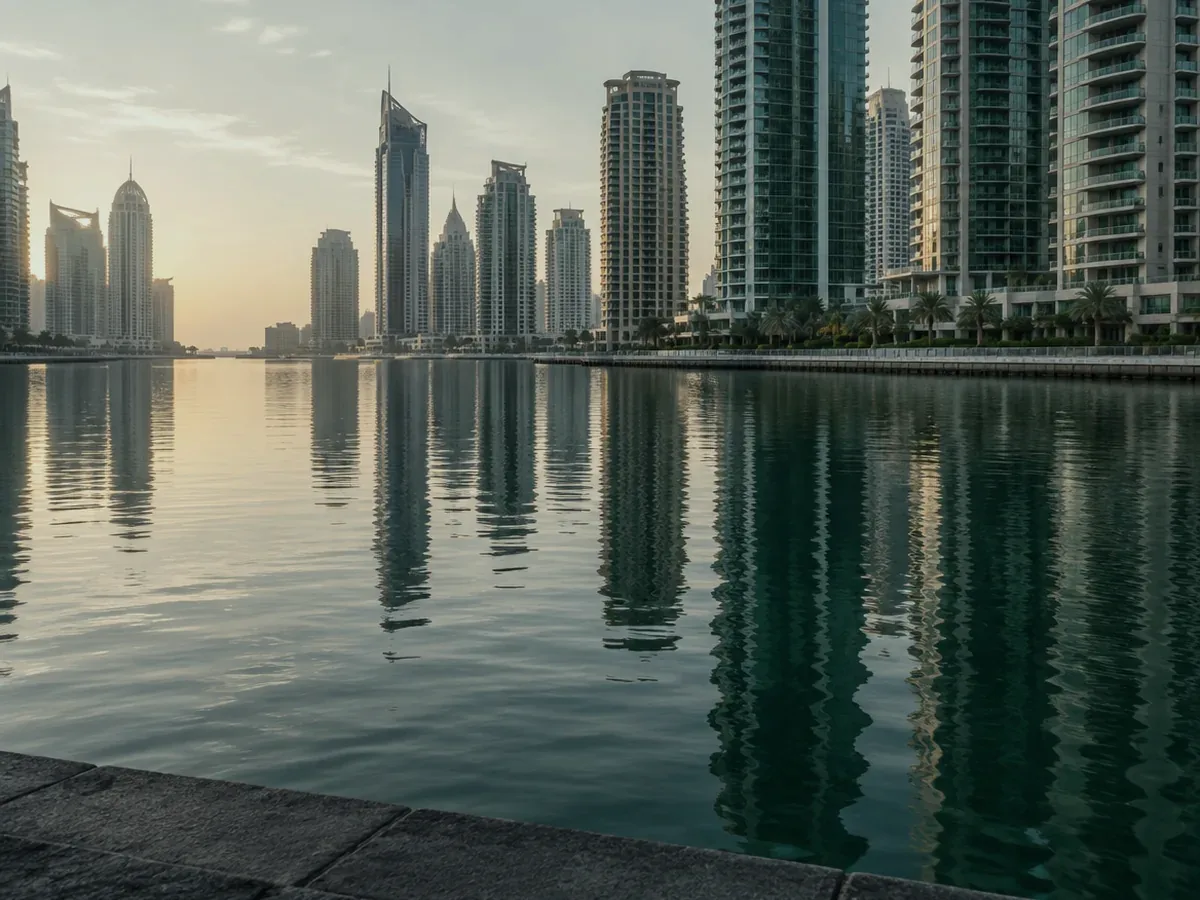 Waterfront towers seen from across the water (generated illustration)