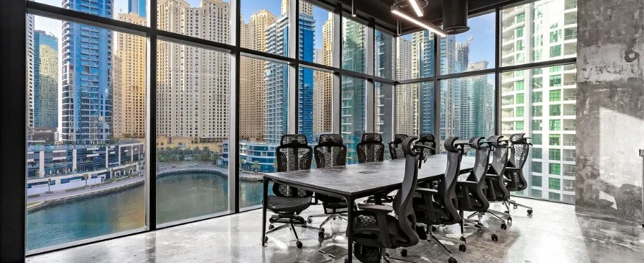 The Agency 8 meeting room at Extreme Waterfront Offices, overlooking Dubai Marina